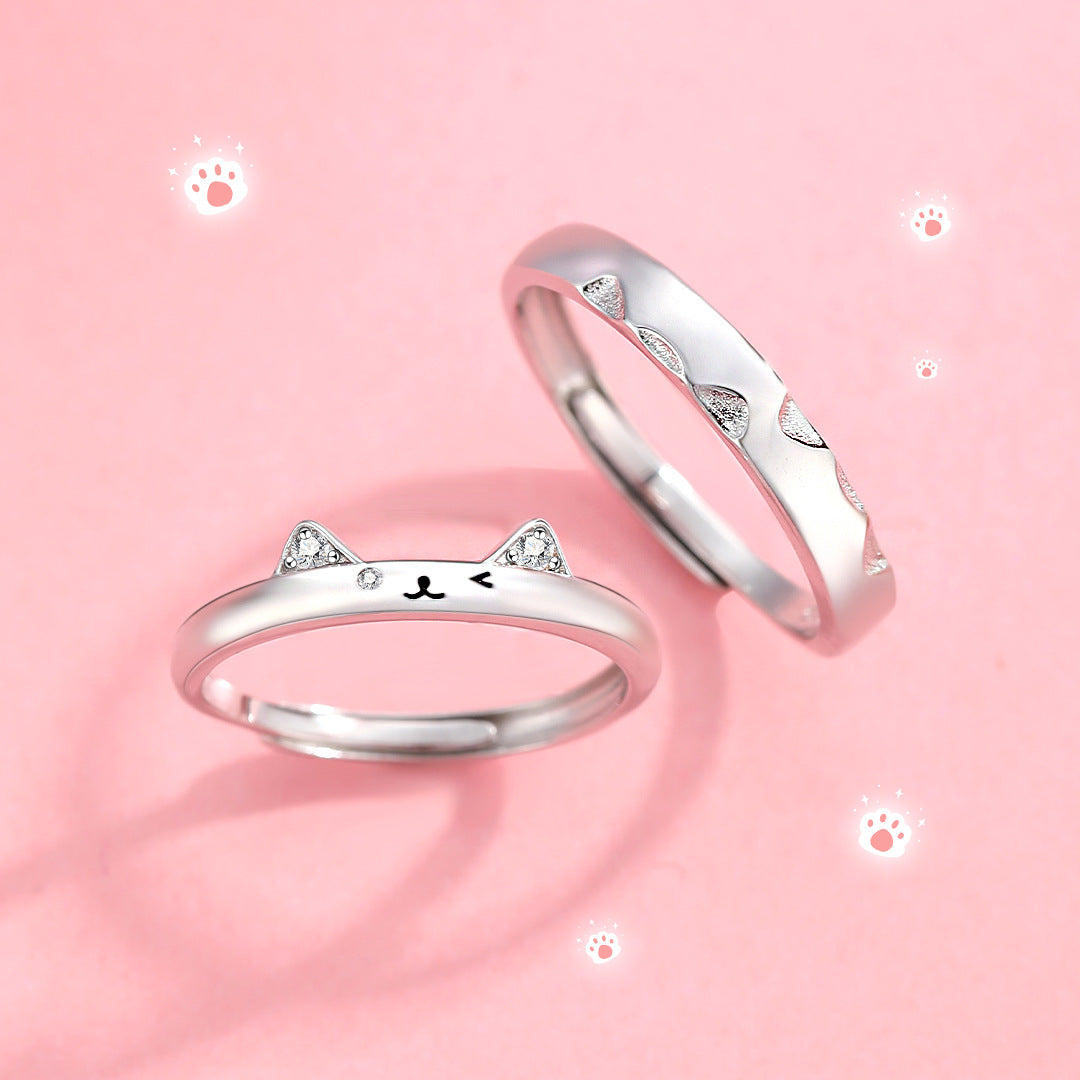 Planderful 925 Sterling Silver Couple Ring Meow Meow Cute Fun Niche Style Adjustable Open Ring For Couples