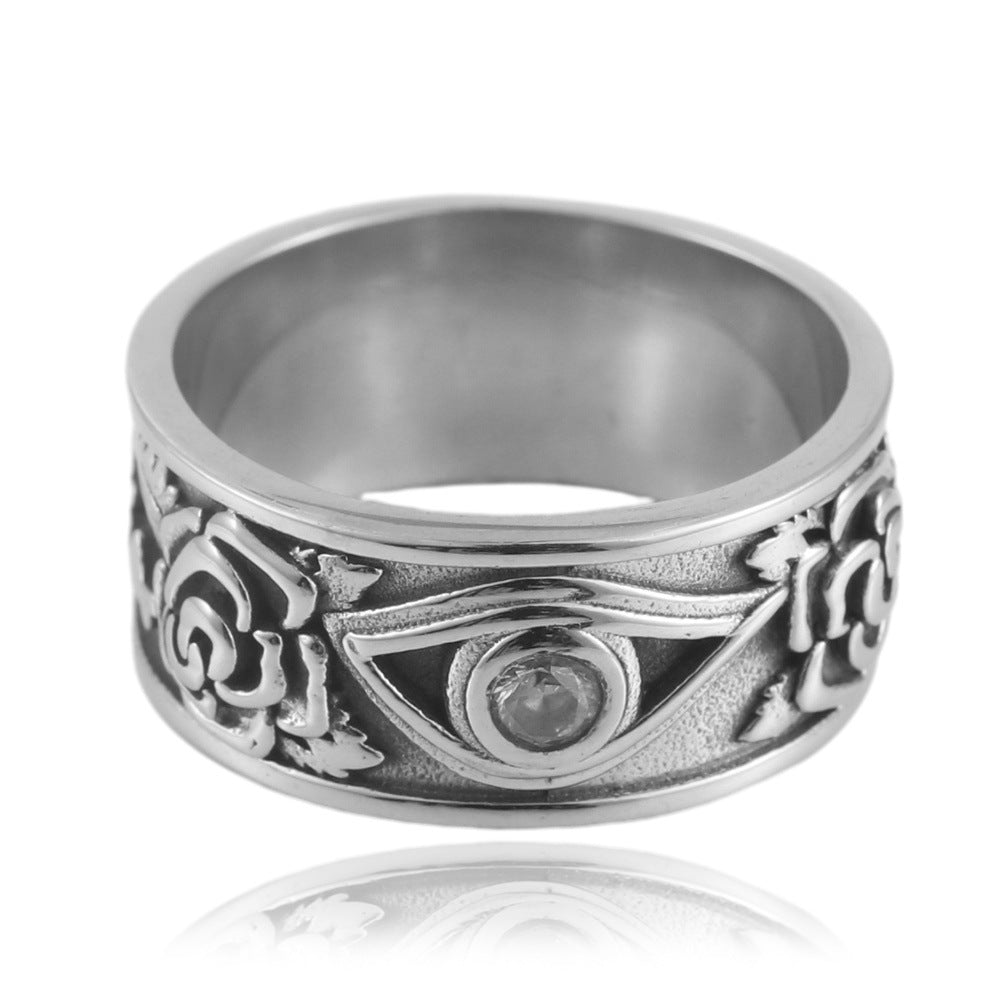 Retro Men's Titanium Steel Rattan Flower Ring - European and American Style