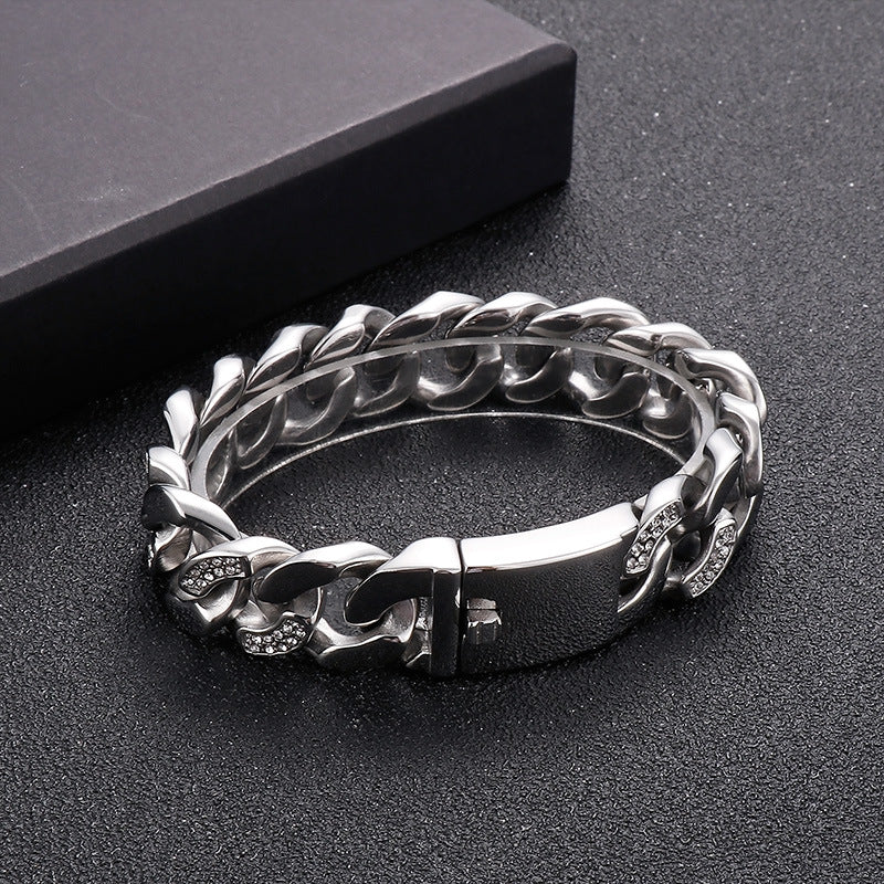 Korea Dongdaemun Glossy – Generous Titanium Steel Men's Zircon Cuban Chain Bracelet
