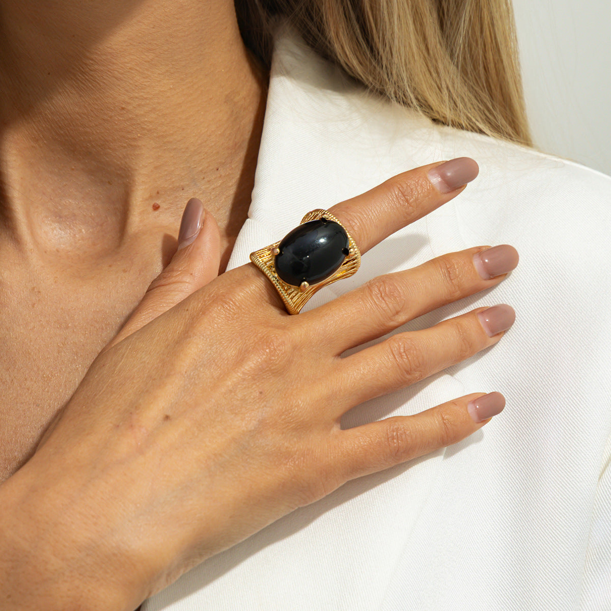 Planderful Geometric Open Ring For Women Brushed Metal Statement Vienna Verve Maillard Stone