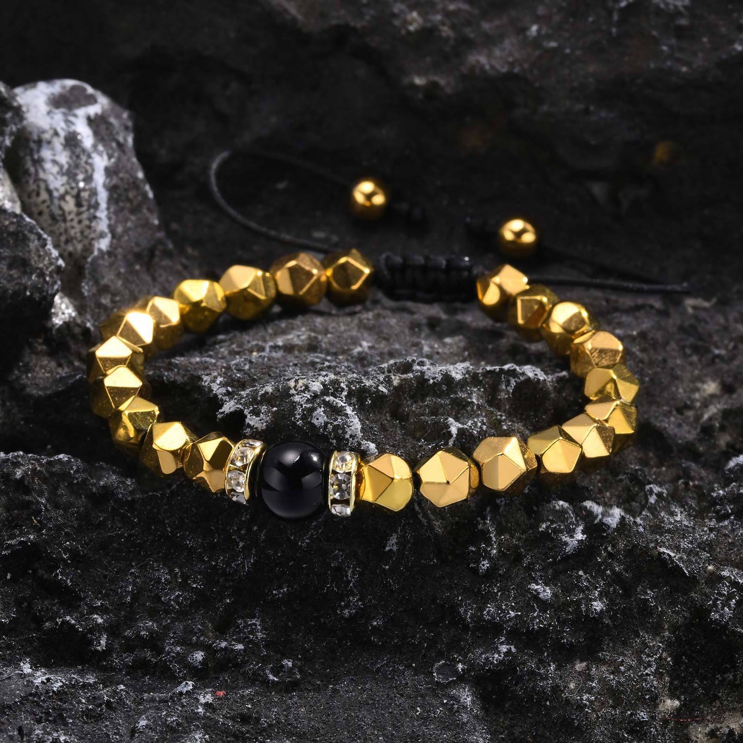 Men's Gold Black Gallstone Slice Glossy Agate Beaded Bracelet