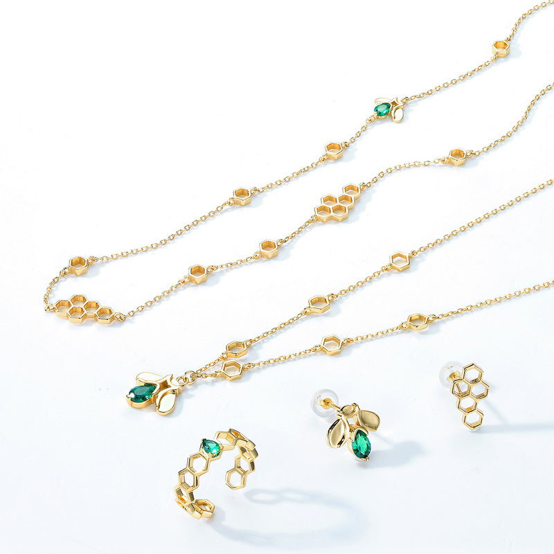 Honeycomb Green Zircon Bee Sterling Silver Necklace