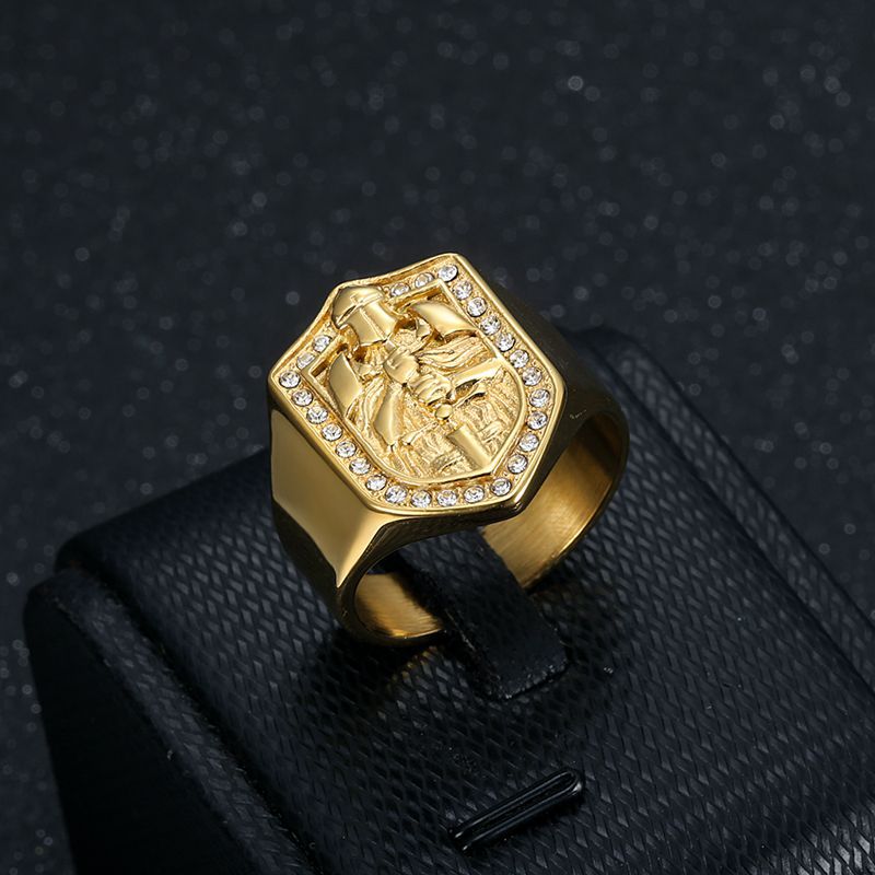 Planderful Hip Hop Ring Titanium Gold Plated Rhinestone Men