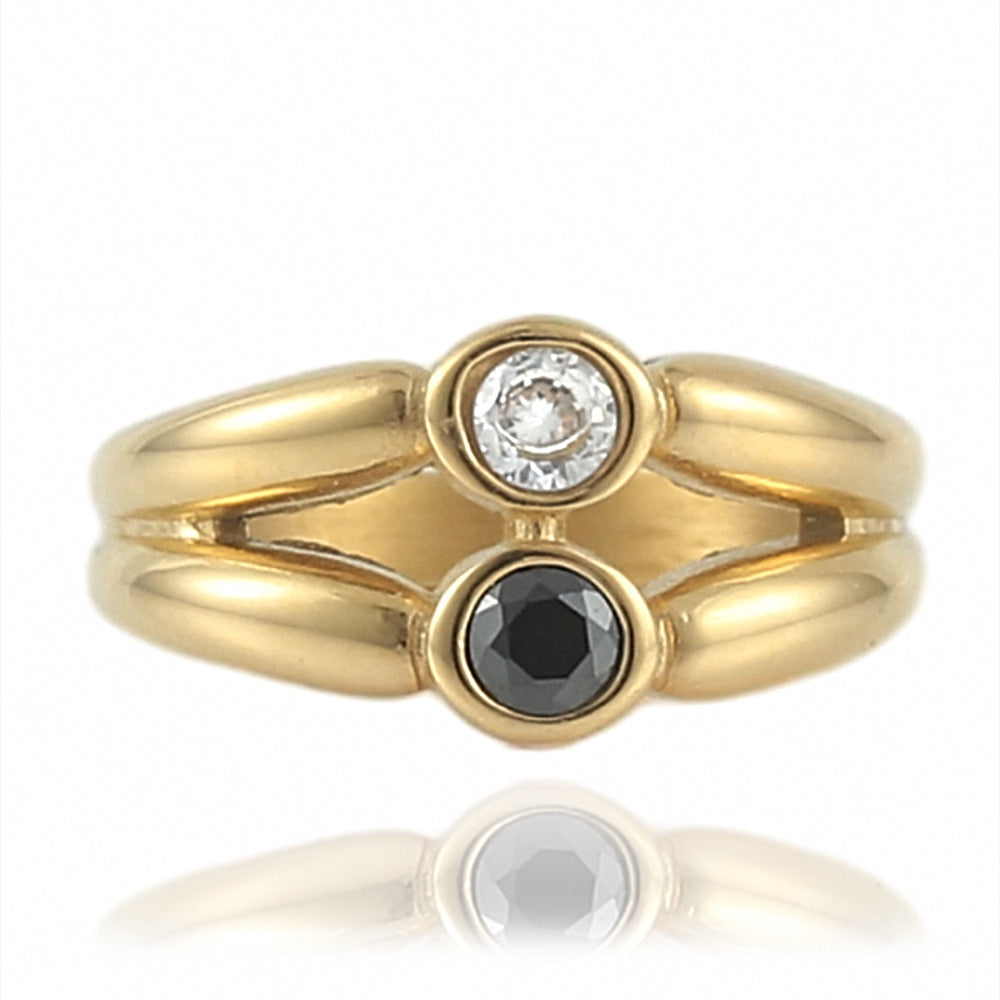 Multi-Layer Hollow Inlaid Gemstone Titanium Steel Ring for Couples - Unisex Fashion Accessory in Europe and America Style