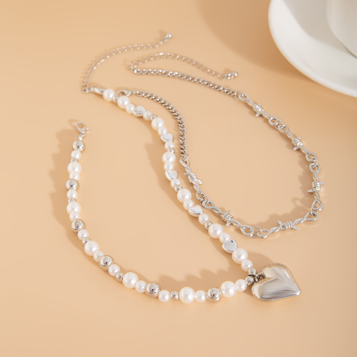 Heart Pendant Pearl-Style Chain Necklace