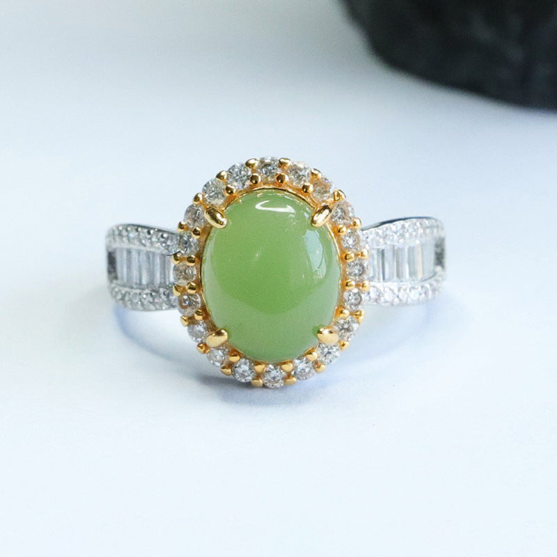 Planderful Collection: Fortune's Favor Oval Natural Hotan Jade Jasper Golden Zircon Silver Halo Ring