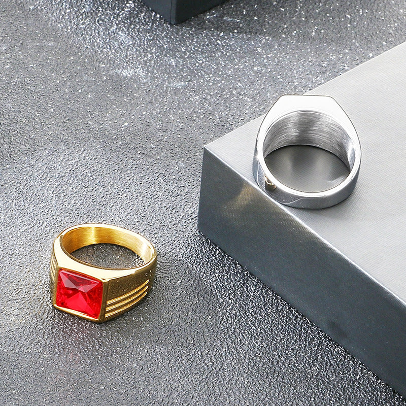 Popular Vacuum Electroplated Rings, Retro Square Red Gemstone Titanium Steel Trendy