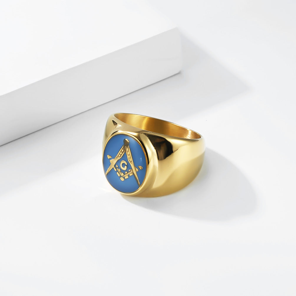 Blue Enamel Masonic 18K Gold-Plated Stainless Steel Ring for Men