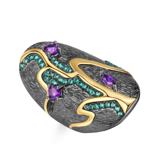 Vintage Georgia Style Tree Pattern Natural Amethyst Silver Ring