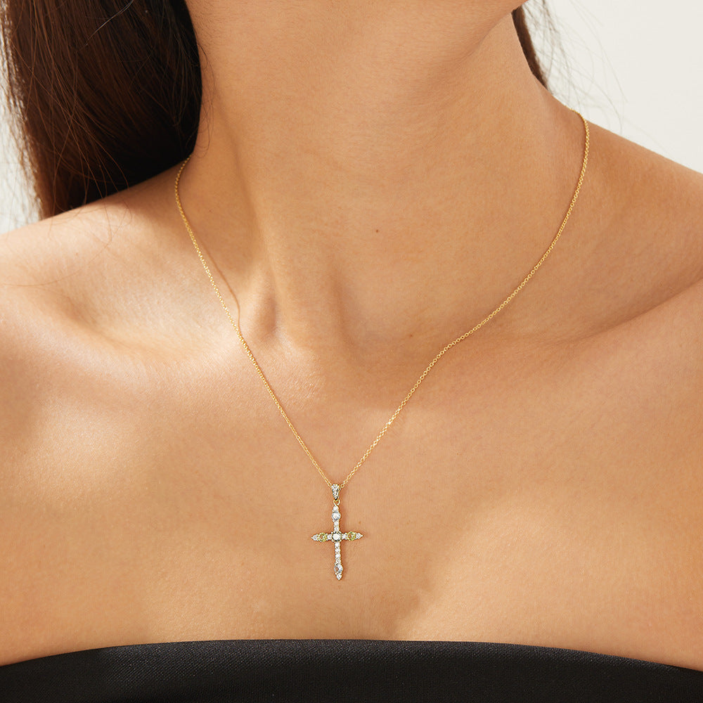 S925 Sterling Silver Zircon Inlaid Colored Cross Pendant Necklace
