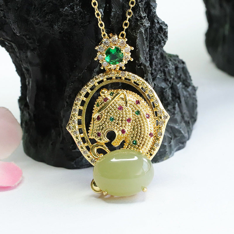 Leopard Head Jade Pendant with Zircon Accents