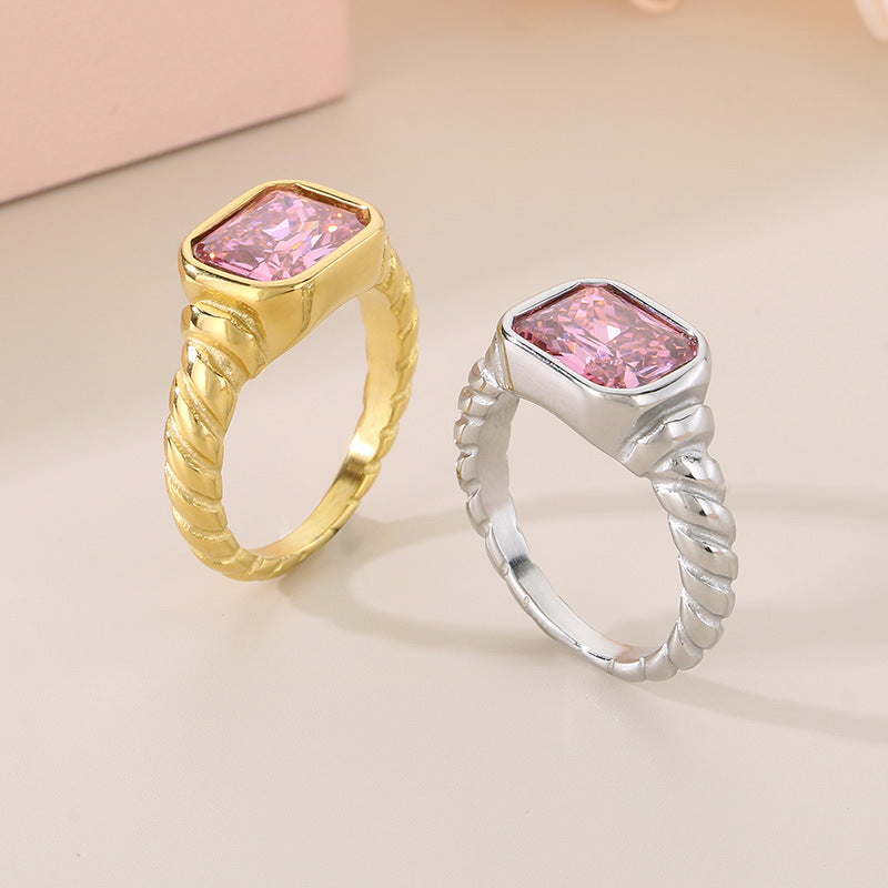 Twist Edge Square Inlaid Glass Ring Female, Design Sense Sugar