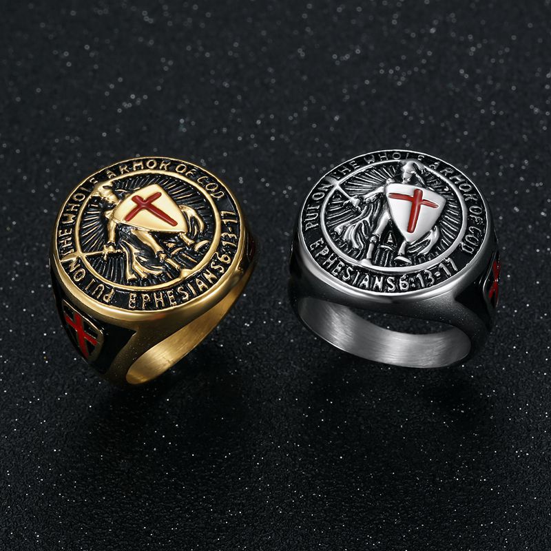Planderful Everyday Genie Titanium Steel Gold Plated Ring Red Cross Shield For Men Hip Hop Style