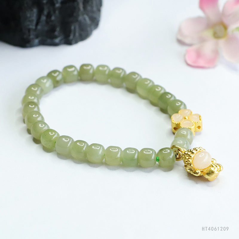 Qingshui Hetian Jade Flower & Buddha Charm Bracelet