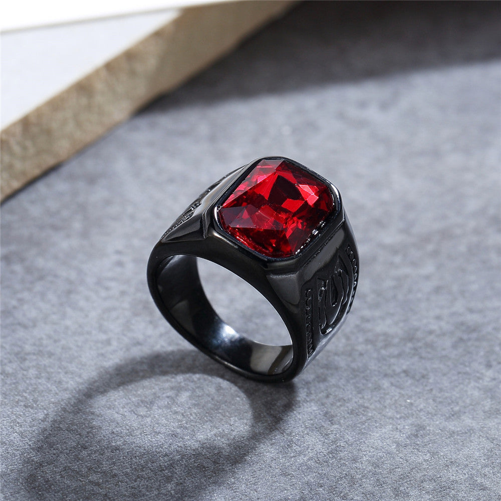 Planderful Titanium Steel Ring For Men And Unisex Personalized Retro Black Red Zircon Protection Statement