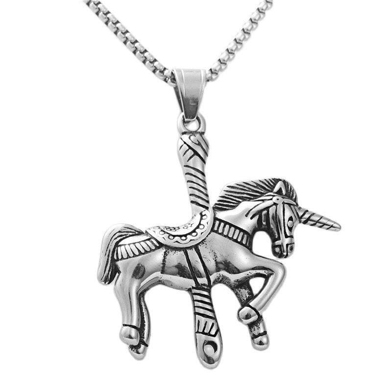 Personalized Titanium Steel Unicorn Carousel Pendant Necklace for Men - Retro Punk Trendy Design
