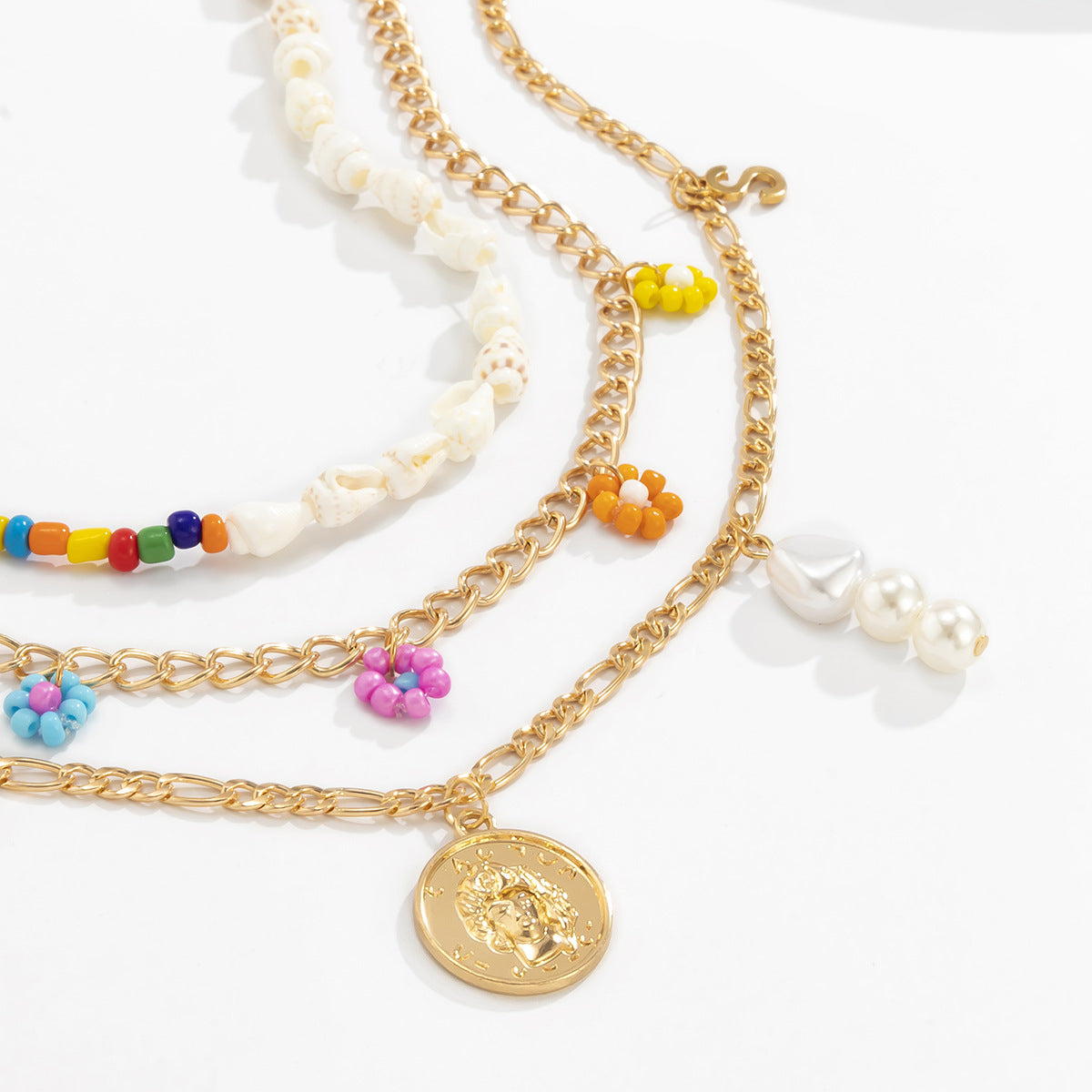 Planderful Vienna Verve Asymmetric Ocean Shell Daisy Fringed Necklace For Women Beaded Statement Necklace
