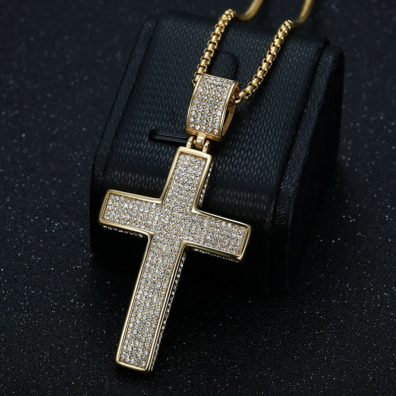 Planderful Hip Hop Cross Pendant Necklace For Streetwear Fans Gold Plated Stainless Steel Rhinestone Jewelry