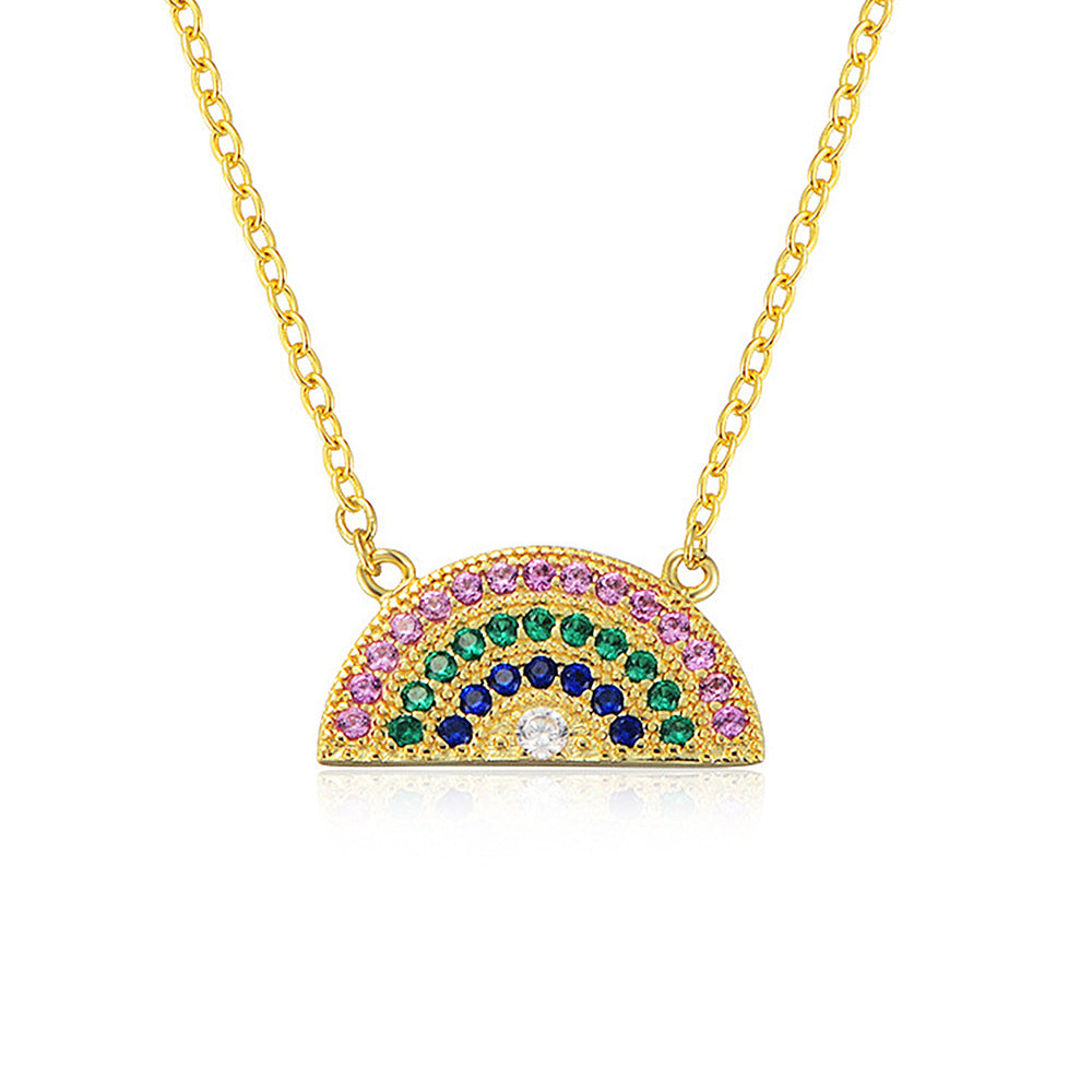 S925 Sterling Silver Geometric Semicircle Rainbow Zircon Necklace Pendant Clavicle Chain Women