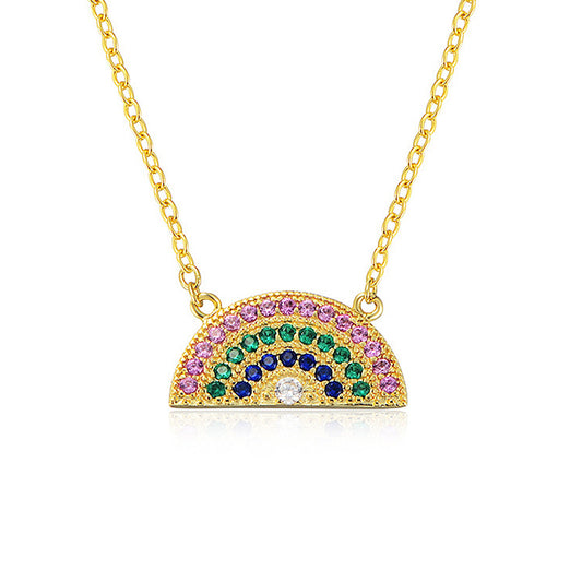 S925 Sterling Silver Geometric Semicircle Rainbow Zircon Necklace Pendant Clavicle Chain Women