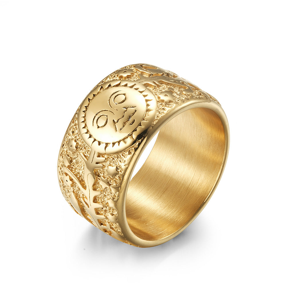 Planderful Titanium Steel Ring Retro Punk Sun Moon Design Mens Fashion Jewelry Bold Statement