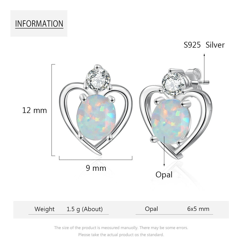 Planderful Jewelry Opal Earrings Heart Stud In Sterling Silver With Zircon Accents