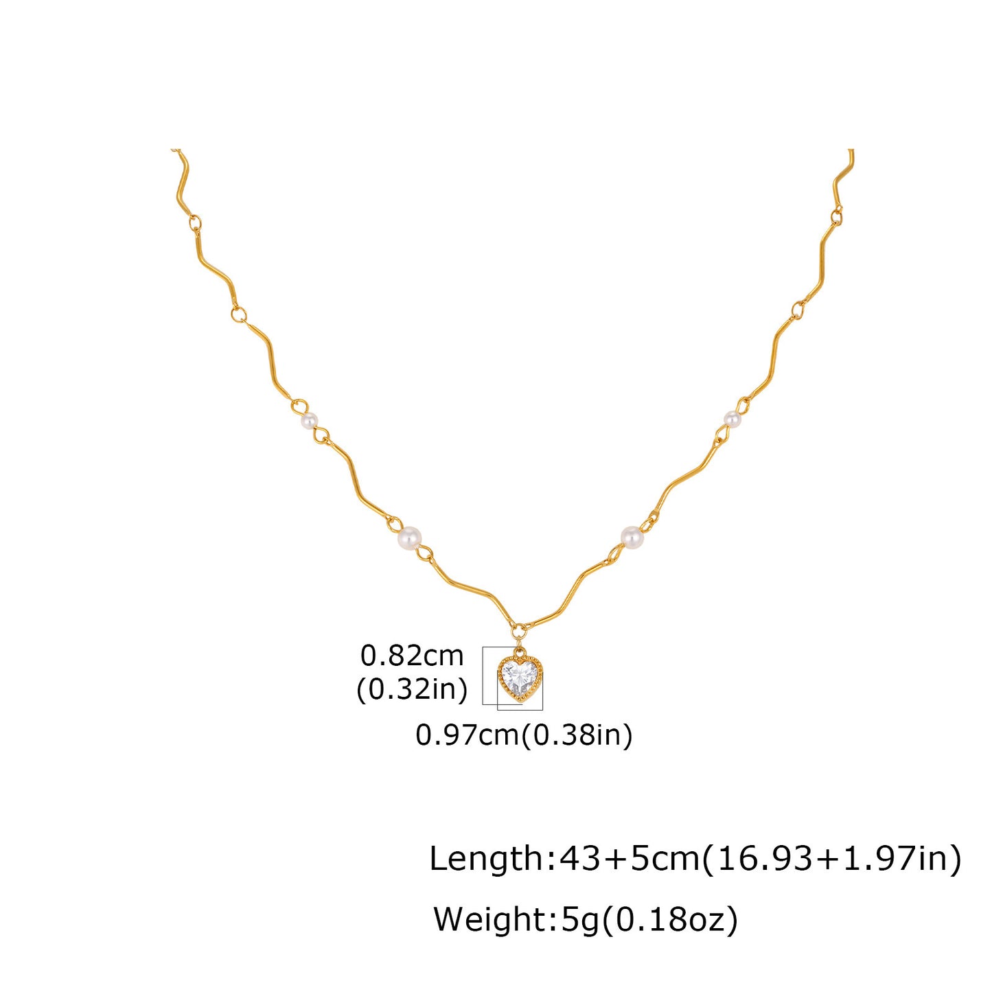 Stainless Steel Imitation Pearl Heart-Shaped Wavy White Zirconium Gold Premium Necklace