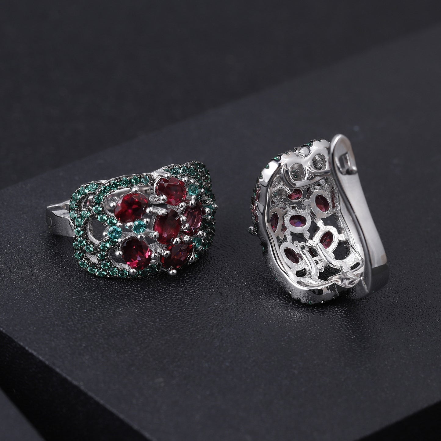 Luxury Hollow Wide Surface Design Natural Gemstone Silver Stud Earrings