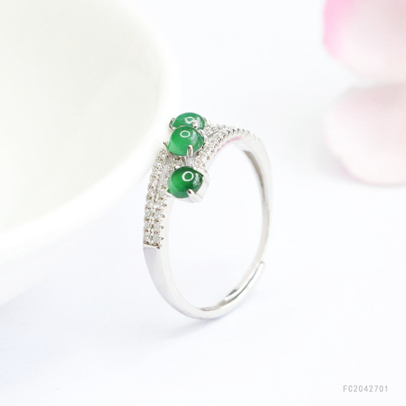 Icy Green Jadeite Triple-Life 925 Silver Ring