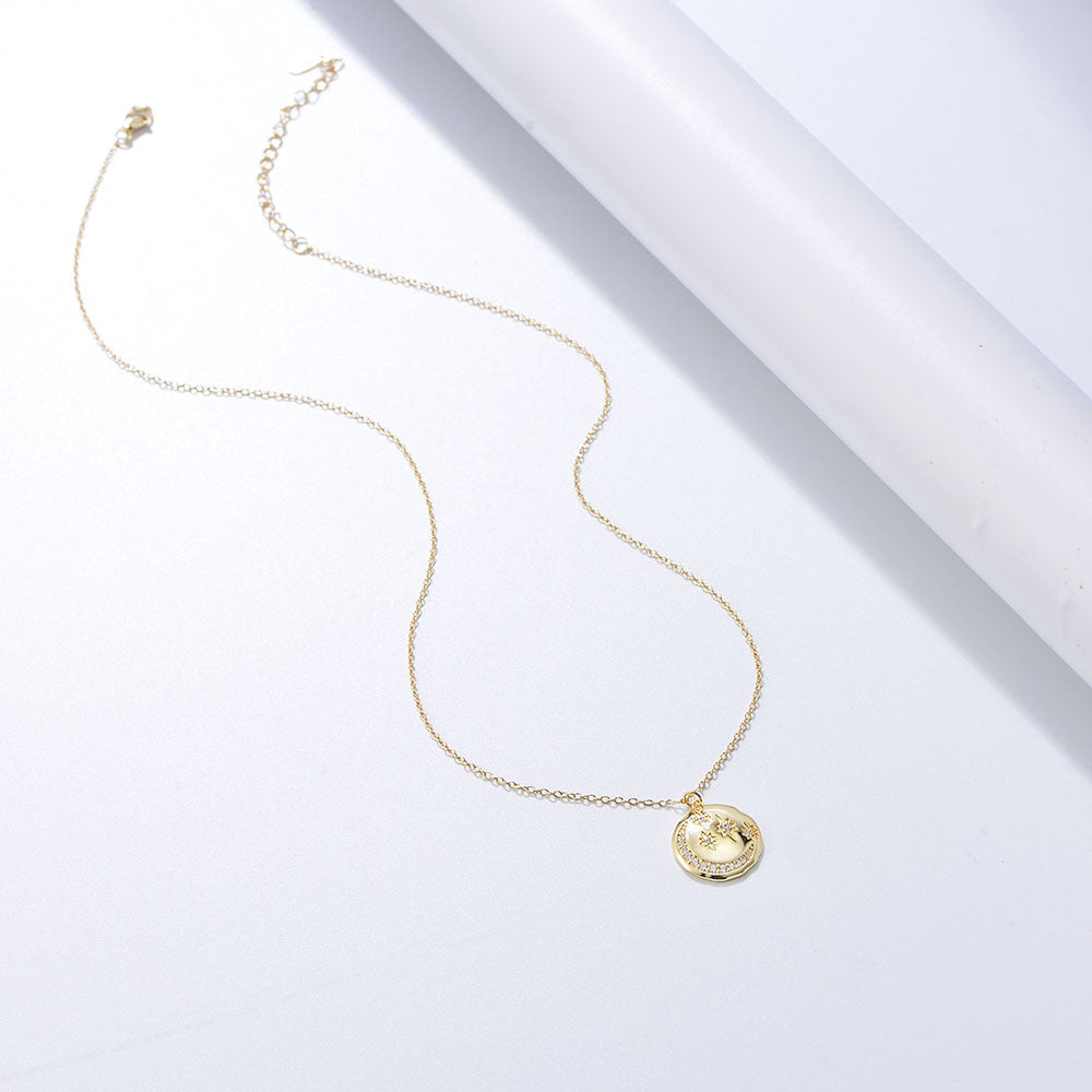 S925 Sterling Silver Round Coin Star Moon Necklace Wind Inlaid Zircon Women