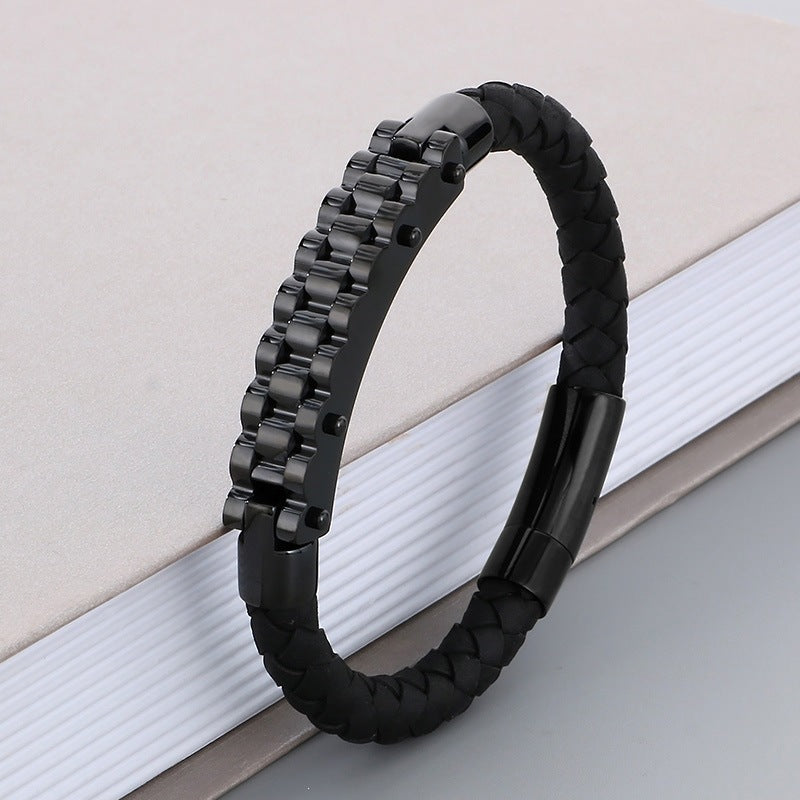 Business Style Strap Chain Woven Leather Rope Bracelet – Stainless Steel Bicycle Chain