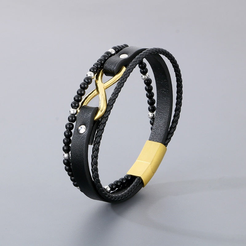 Multi-Layer Woven Leather Rope Men's Bracelet – Titanium Steel Figure-Eight Infinity