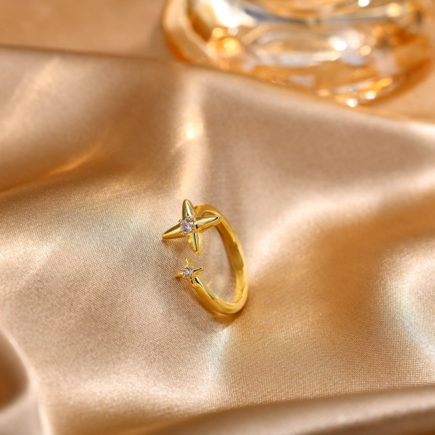 Ladies Gold Copper Zircon Quadrangram Water Drop Leaf Open Ring Jewelry