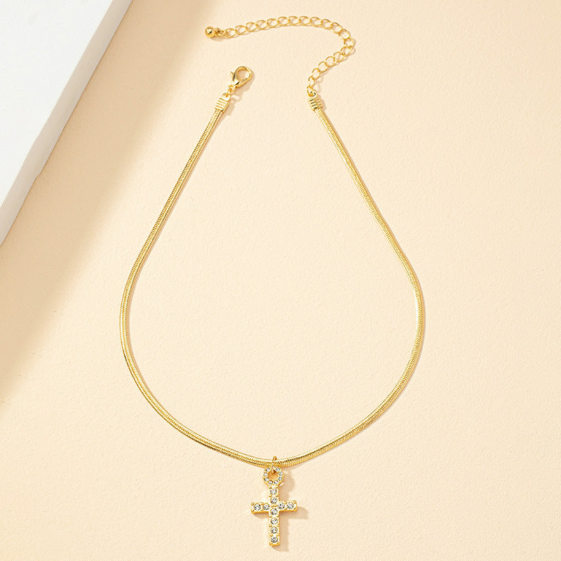Retro Minimalist Cross Necklace with Snake Bone Chain - Vienna Verve Collection