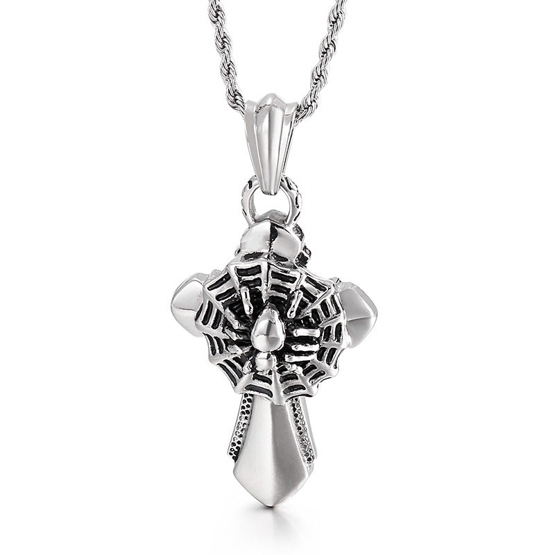 Men's Titanium Steel Skull Pendant with Cross Spider Design