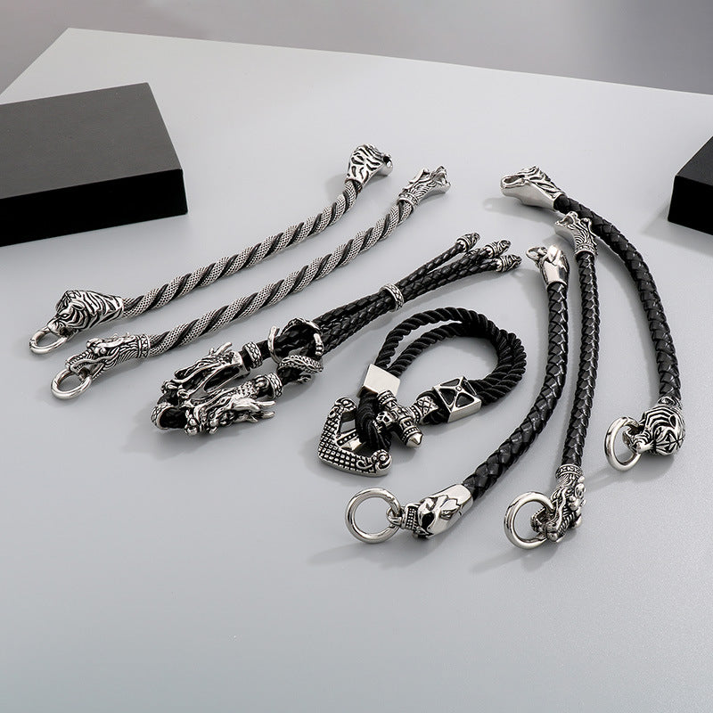 Antique Zodiac Leather Rope Bracelet – Leader Tiger Head Anchor Titanium Steel Men's Leather