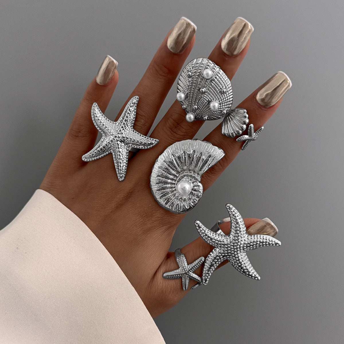 Planderful Vienna Verve Ocean Starfish Ring With Niche Pearl Conch Shell For Women Statement Jewelry