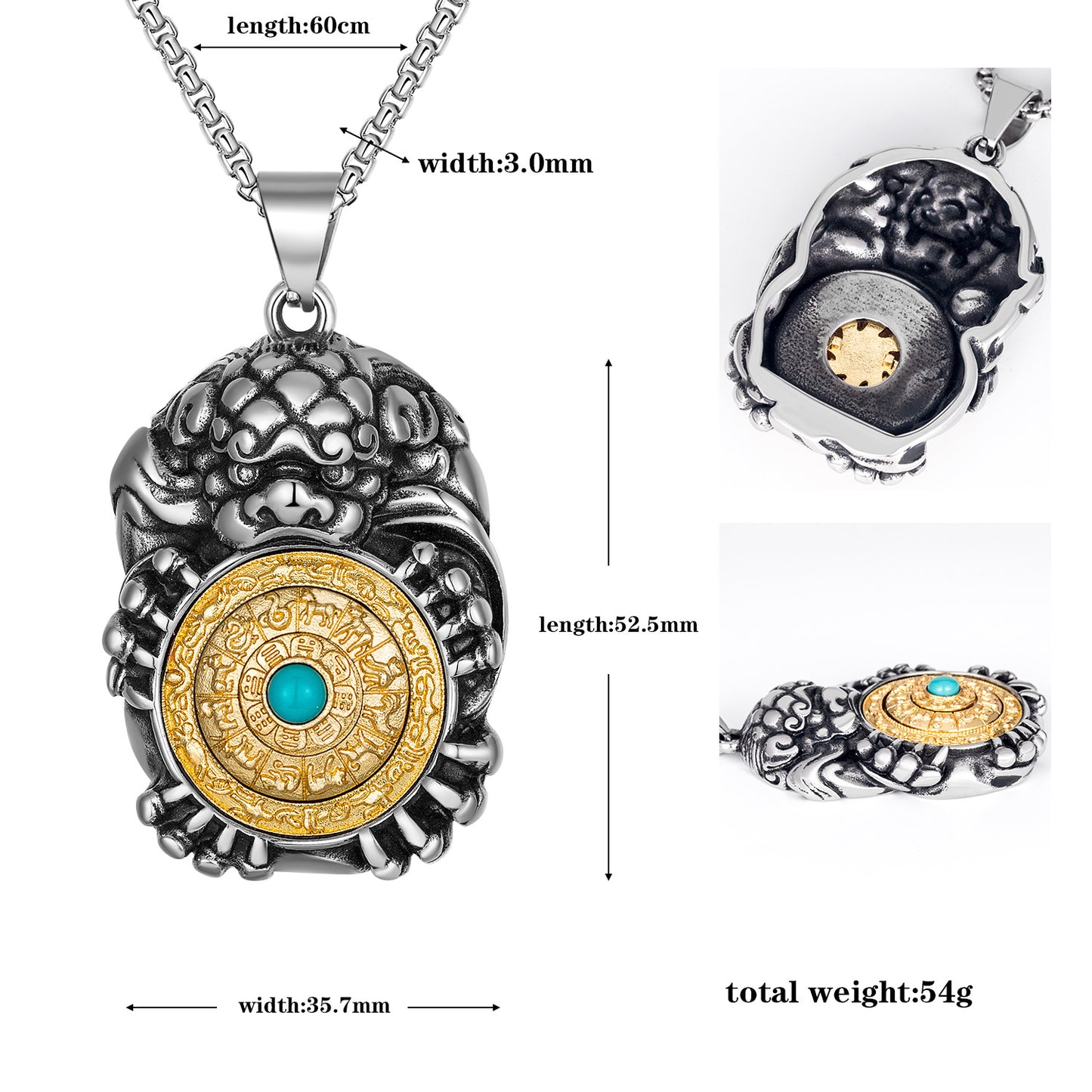 Stainless Steel Necklace – Statement Twelve Zodiac Hexagram Pixiu Tag Rotatable Pendant For Men