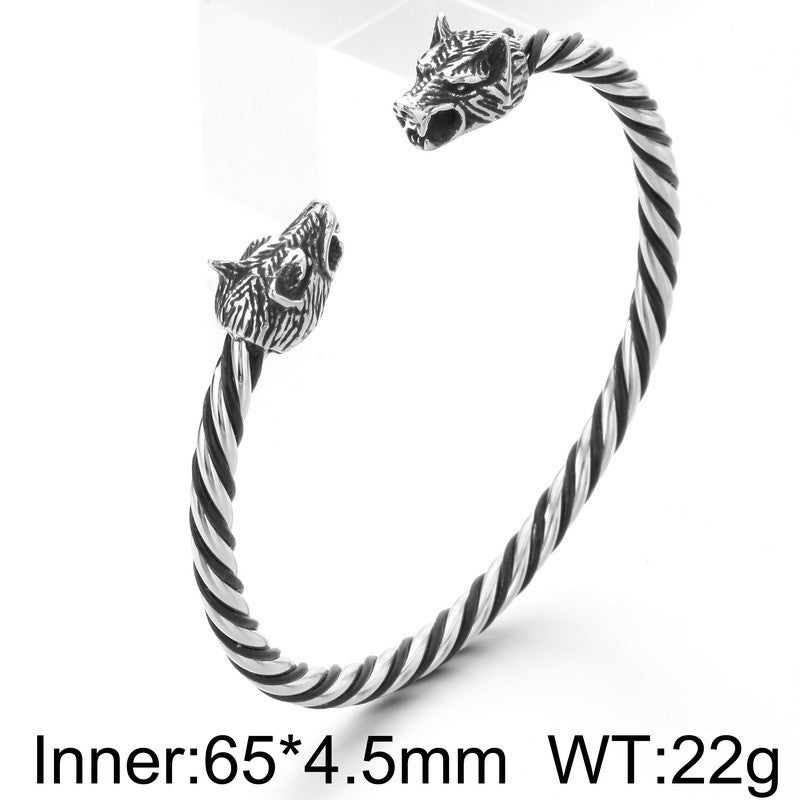 Skull C-Shaped Bracelet – Viking Wolf Head Twist Twist Leather Rope Stainless Steel Men's