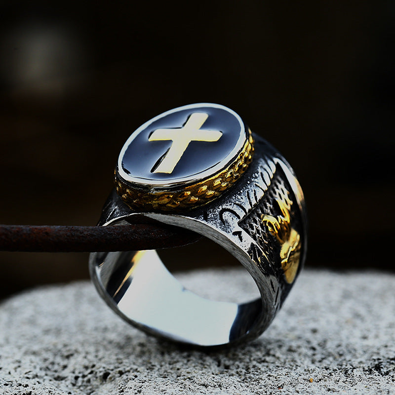 Titanium Steel Cross Epoxy Ring with Stainless Steel Casting Prayer Hands - Wholesale for Men