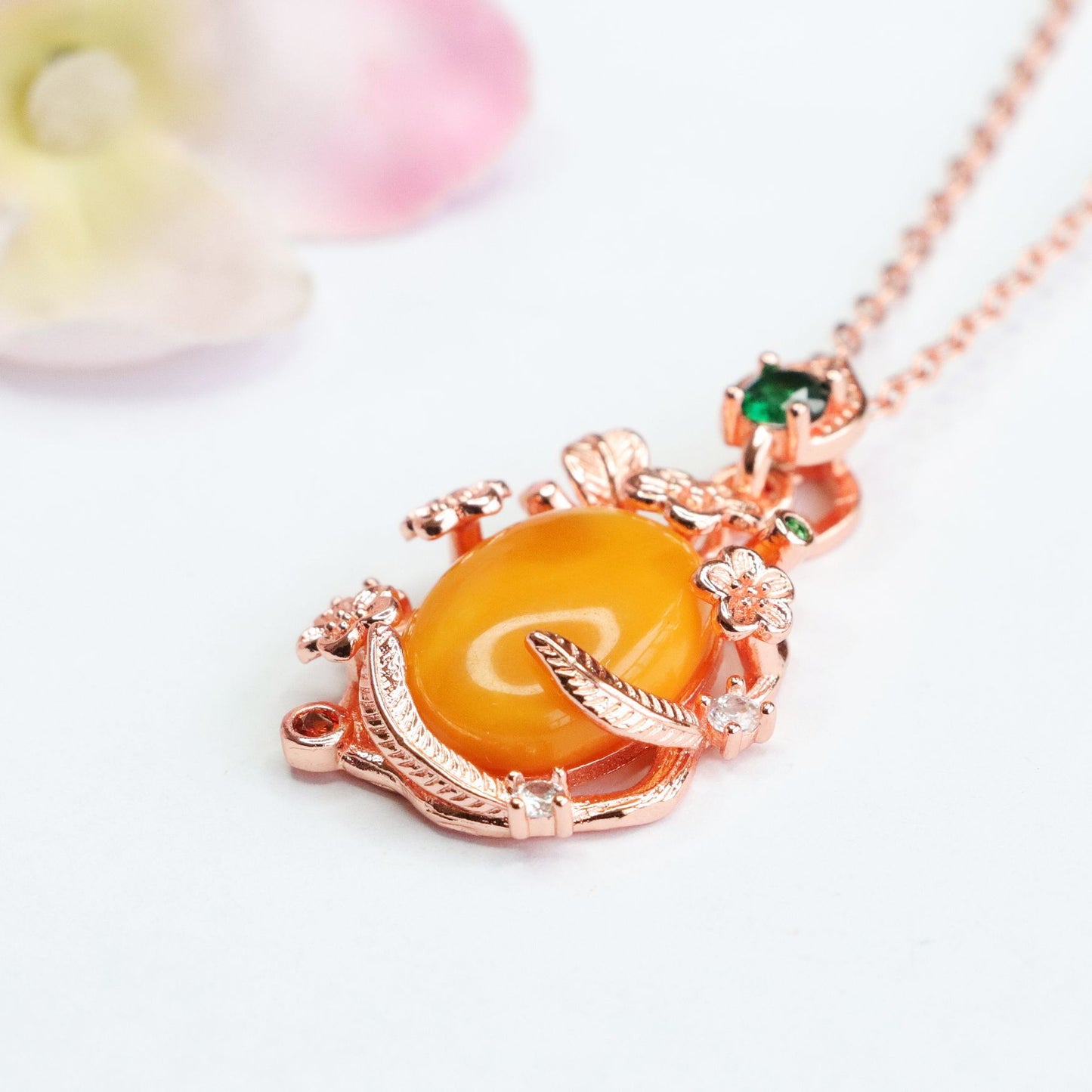 Amber Beeswax Pendant with Zircon Garland Necklace - Sterling Silver Necklace