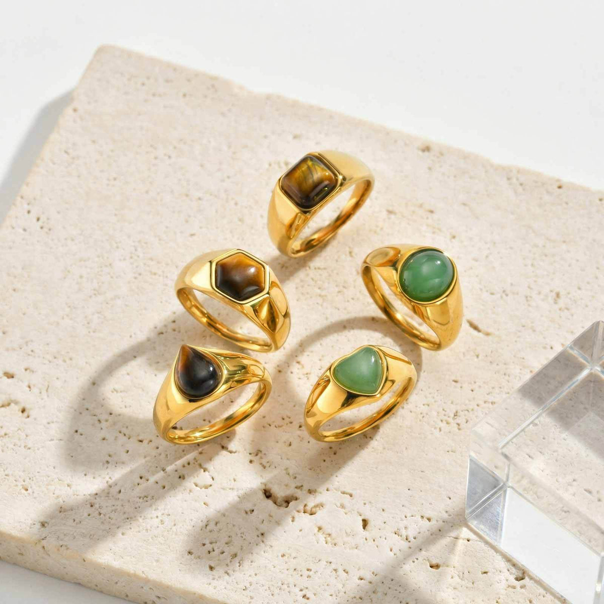 Stainless Steel Water Drop Natural Tiger's Eye Stone Oval Heart-Shaped Dongling Jade Ring