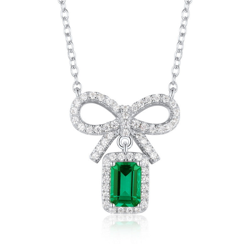 S925 Sterling Silver Lab-Grown Emerald Bow Pendant Necklace