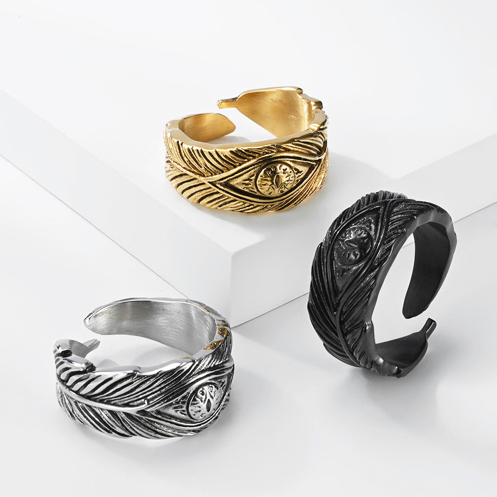 Stainless Steel Ring Everyday Genie By Planderful Collection For Men Unisex Retro Feather Eyes Design Durable Statement