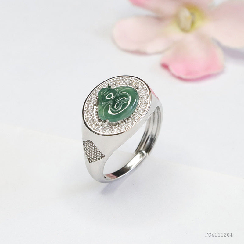 Blue Water Jadeite Buddha Pavé-Style Ring