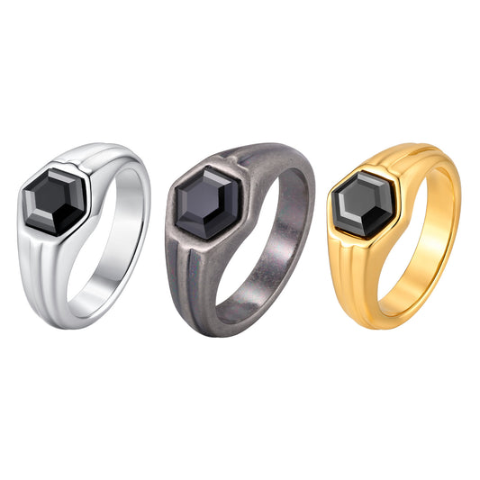 Geometric Explosion Stainless Steel Hexagonal Black Zirconium Ring Ancient Silver
