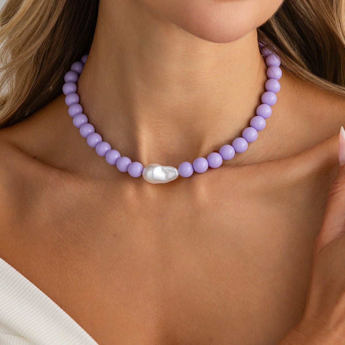 Colored Round Beads Pearl Necklace Dopamine Beaded Holiday Wind Necklace