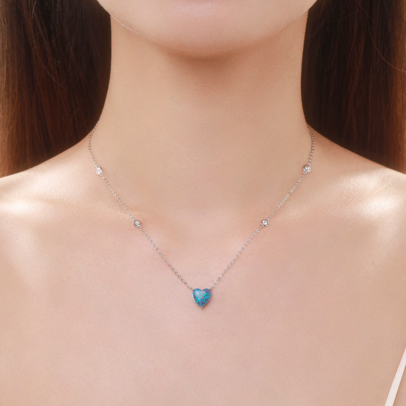 Elegant Opal Heart Necklace in Sterling Silver