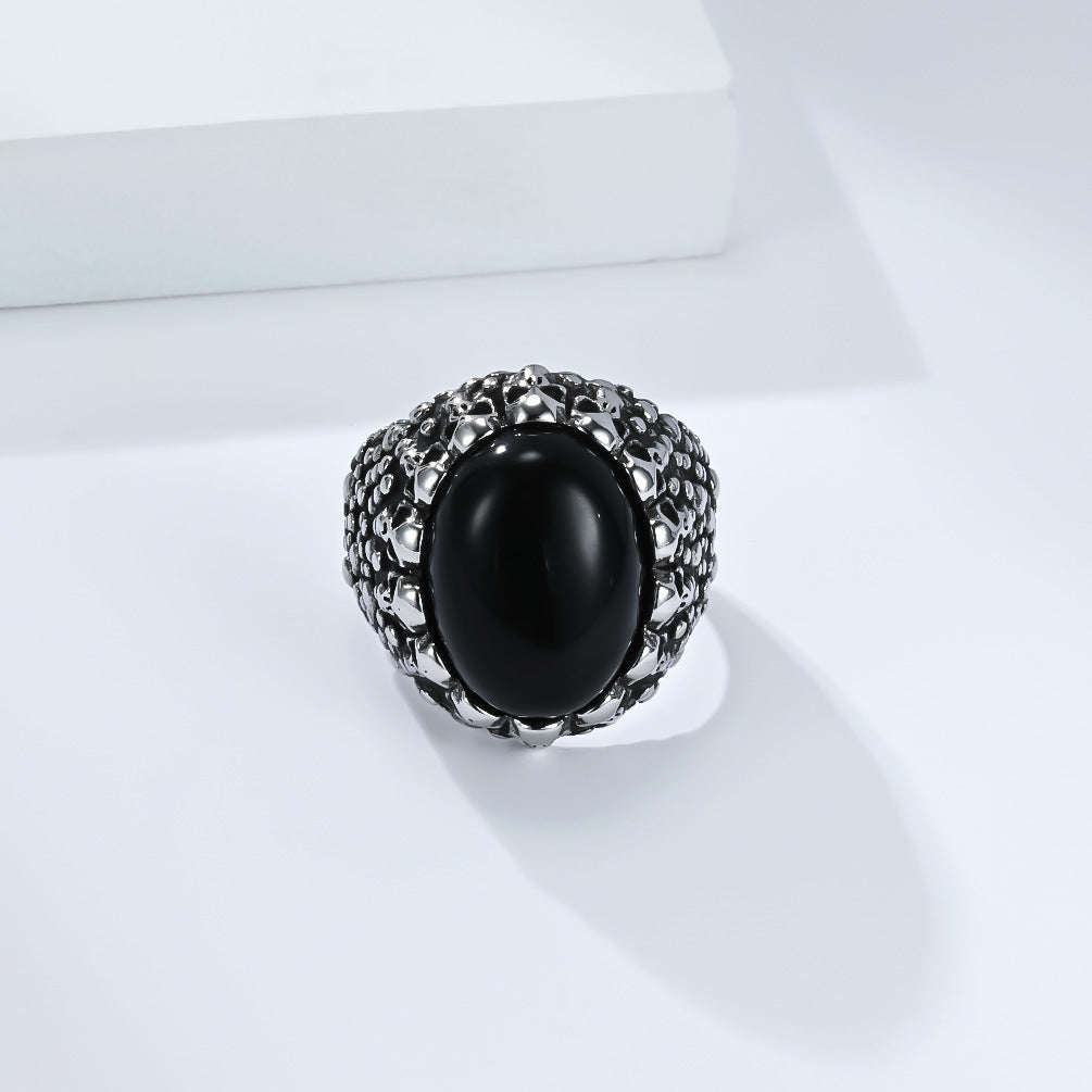 Punk Skull Tiger Eye Stone Stainless Steel Ring Men's Dark Street