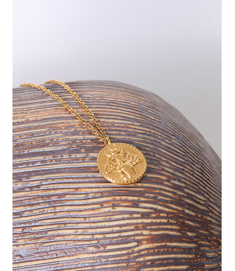 Elegant Titanium Steel Plated Gold Bee Coin Pendant Necklace - Women's Jewelry
